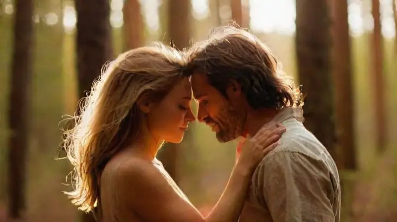 Una pareja se abraza apasionadamente al atardecer