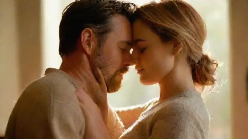 Una pareja abraza íntimamente en casa