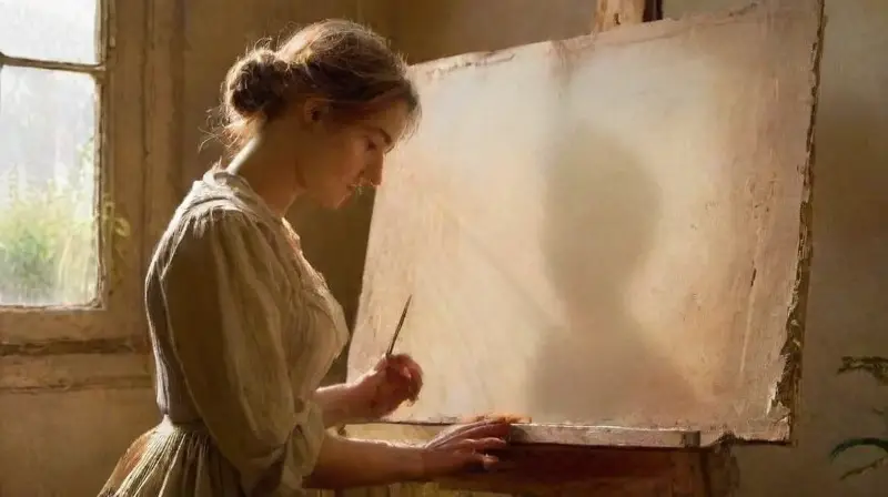 Estudio iluminado con artista y pintura