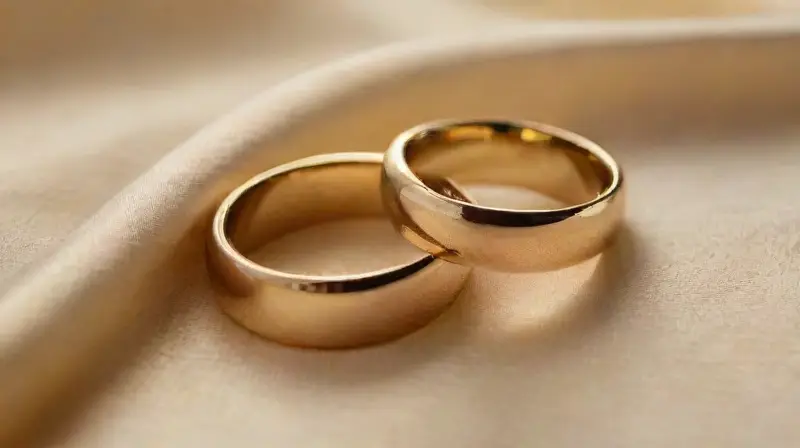 Dos anillos dorados entrelazados sobre seda cremosa