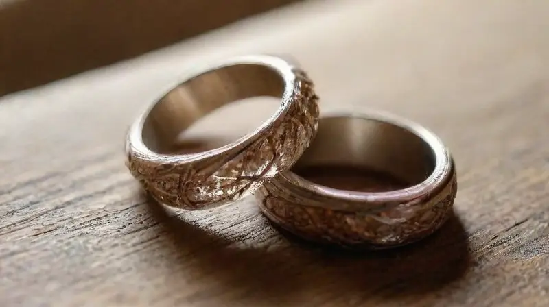 Anillos artesanales brillan sobre madera gastada