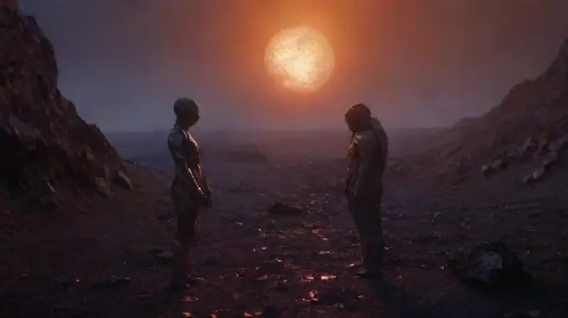 Dos figuras enfrentan un cosmos catastrófico