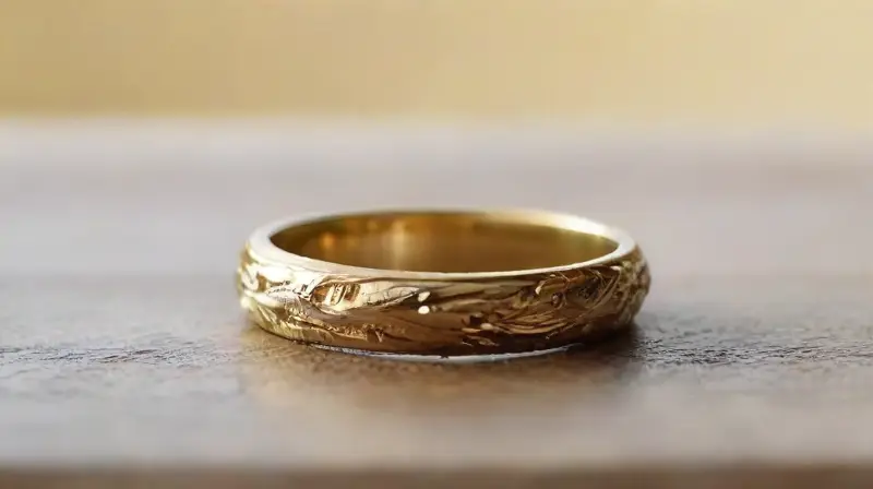 Un anillo dorado descansa sobre madera gastada