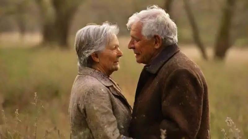 Anciana pareja unida en prado al atardecer