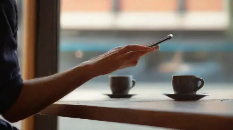 Café urbano muestra armonía humano-máquina al mediodía