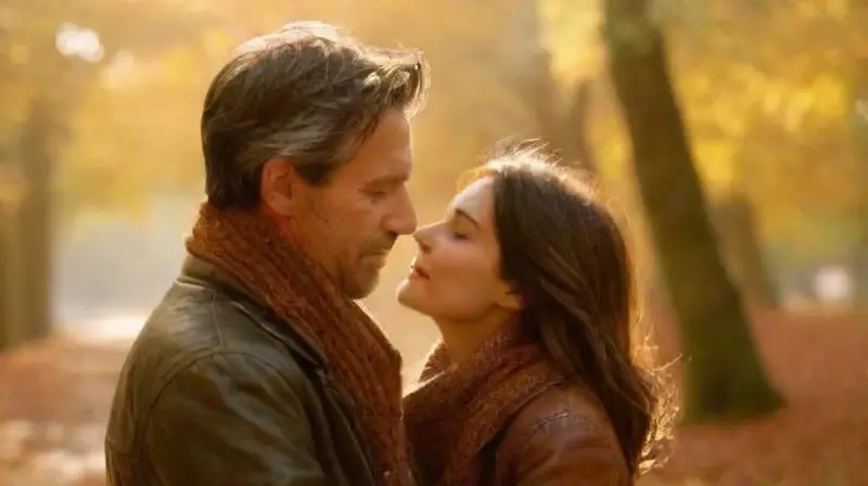 Pareja en parque al atardecer, íntima conexión