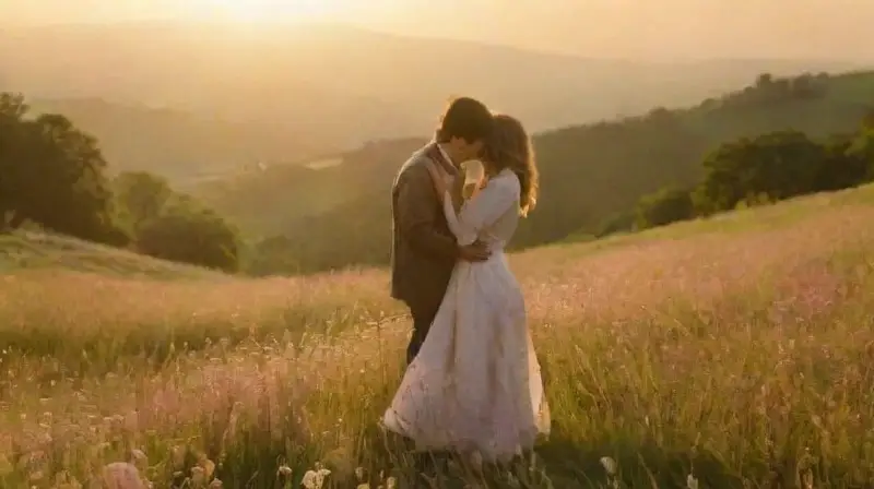 Pareja unida en amanecer sobre colina