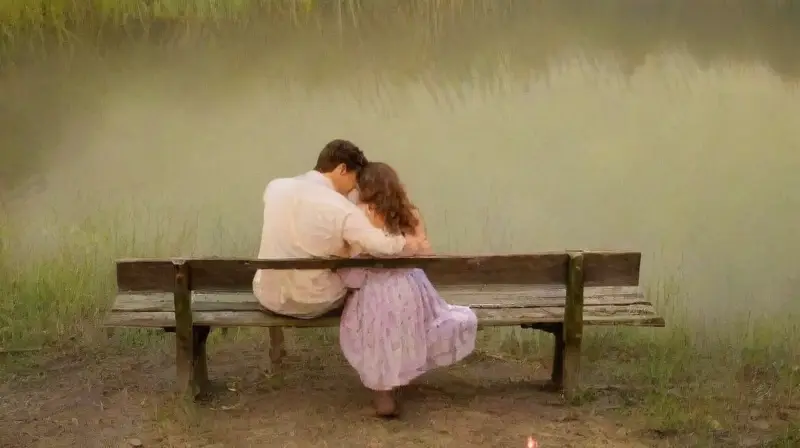 Pareja romántica al atardecer junto al lago