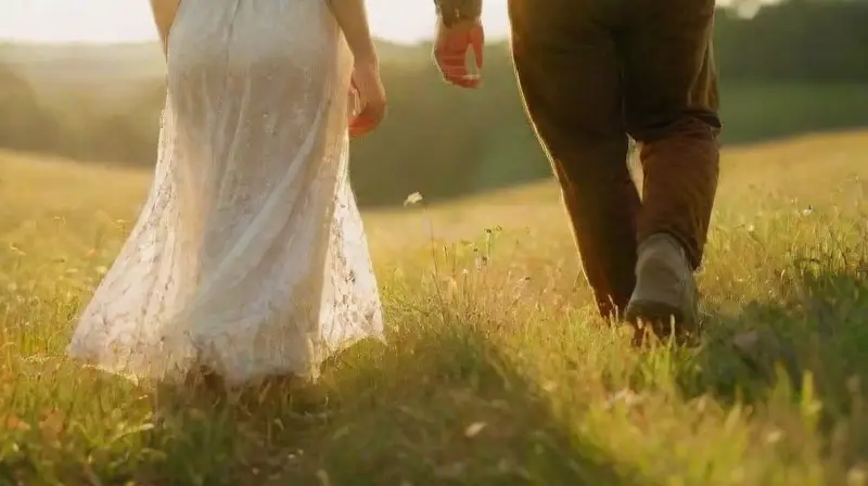 Una pareja sonríe en un prado soleado