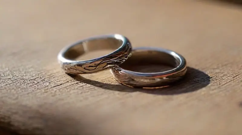 Dos anillos plateados brillan sobre madera gastada
