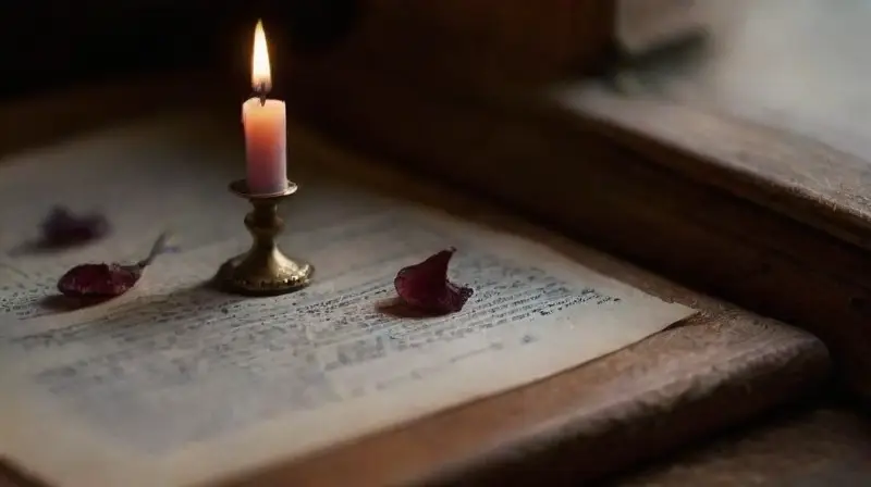 Mesa ritual iluminada por vela parpadeante