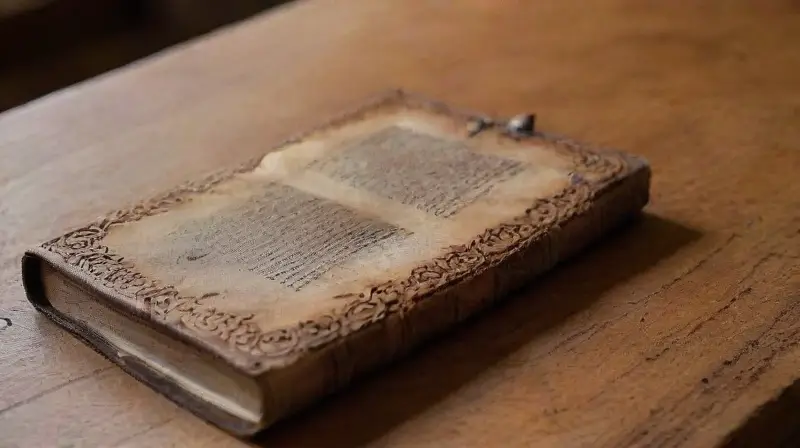 Un antiguo libro prohibido yace sobre madera