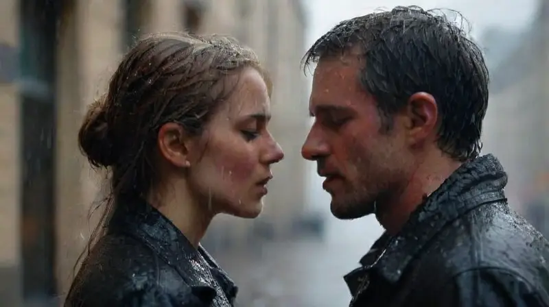 Una pareja se besa bajo la lluvia