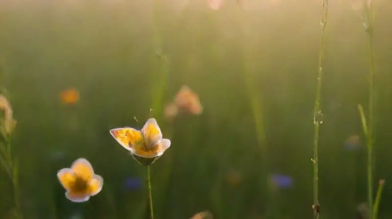 Mariposas vibrantes revolotean sobre un prado matutino
