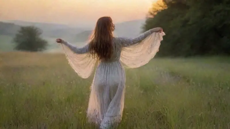 Una mujer sana en un prado crepuscular