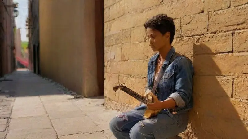 Músicos urbanos tocan al atardecer vibrante