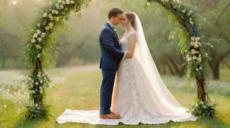 Boda soleada en jardín con pareja emotiva