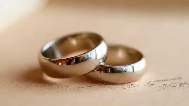 Dos anillos personalizados brillan sobre madera