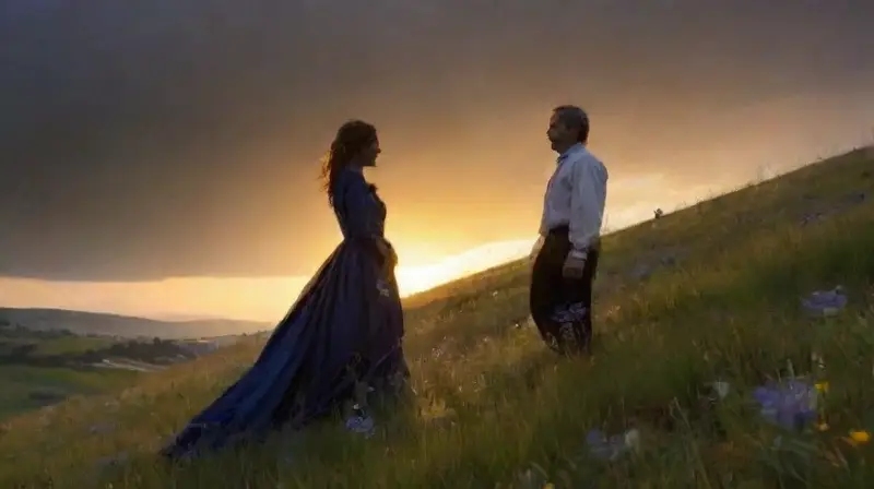 Pareja al atardecer, siluetas en colina