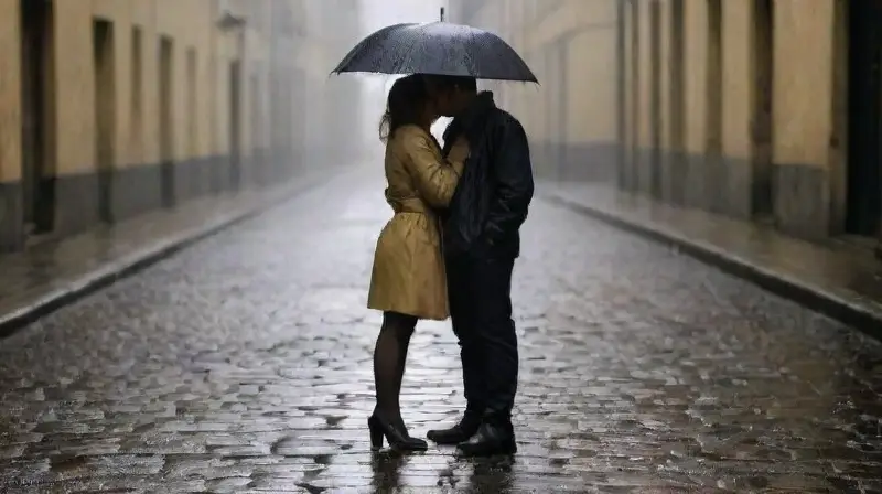 Pareja besándose tiernamente bajo la lluvia