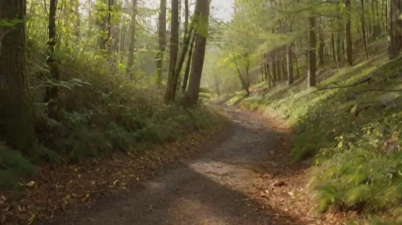 Un sendero soleado atraviesa un bosque encantador