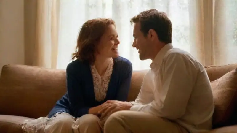 Pareja enamorada en salón acogedor y soleado