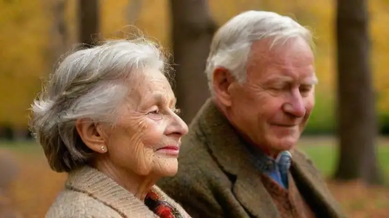 Pareja anciana en banco, amor perdurable
