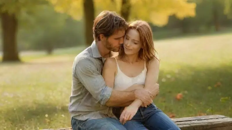 Pareja enamorada en banco de parque
