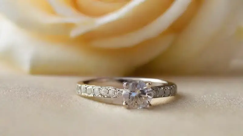 Anillo de compromiso brillando en almohadón