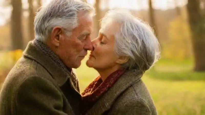 Una pareja anciana se besa tiernamente