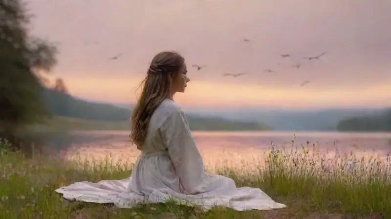 Paisaje sereno al amanecer con figura meditativa