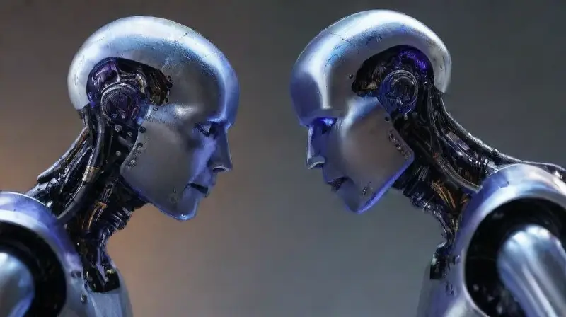 Dos robots humanoides abrazándose con ternura