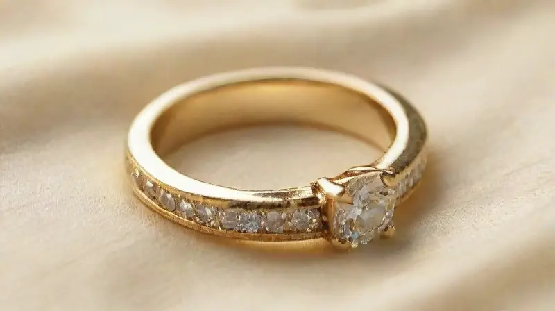 Anillo de diamante brilla sobre satén cremoso