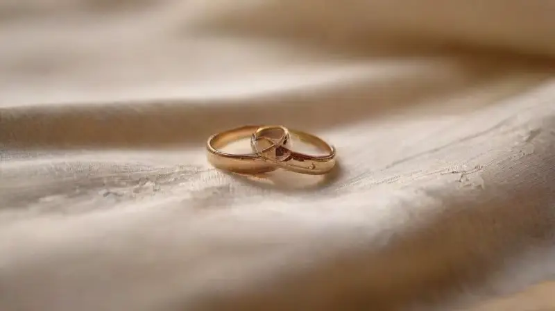 Anillos de boda brillan sobre satén ivory