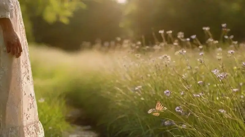 Jardín soleado con pareja y mariposas vibrantes