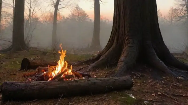 Una hoguera ilumina un claro forestal
