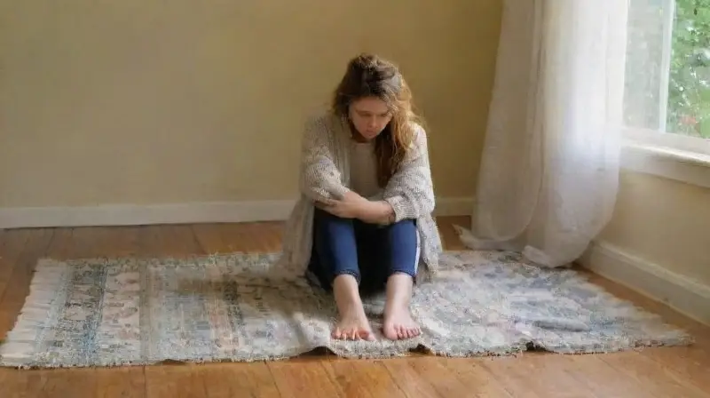 Mujer reflexiona sola en su habitación acogedora