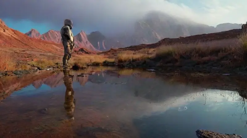 Paisaje alienígena bajo cielo lavanda con soles