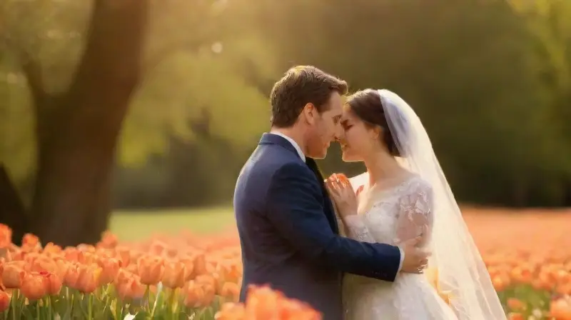 Boda soleada en jardín con amor vibrante