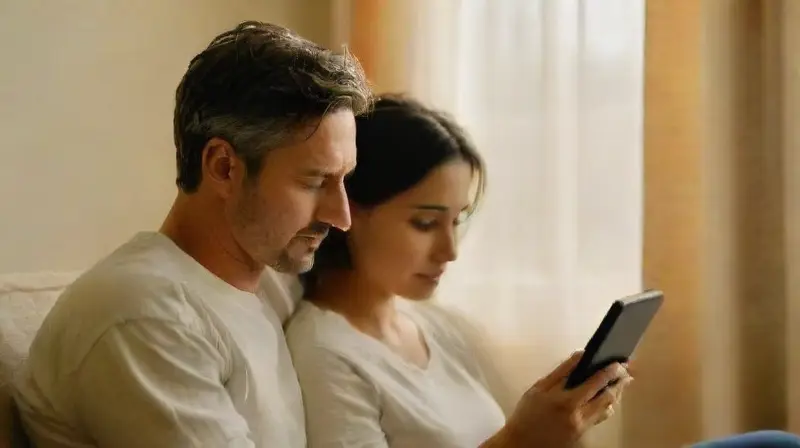 Pareja conecta mediante tecnología en casa