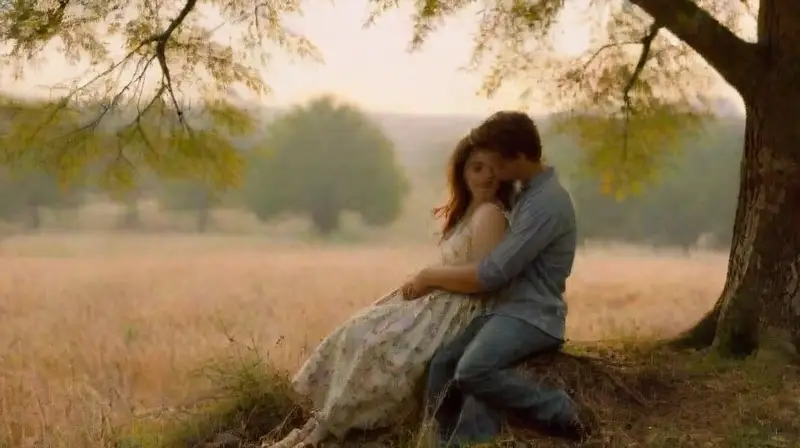 Pareja enamorada en parque al atardecer