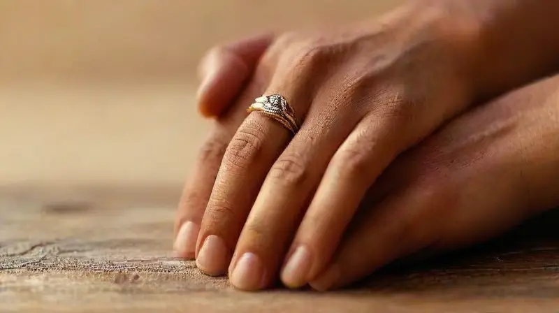 Manos unidas muestran anillos de boda brillantes