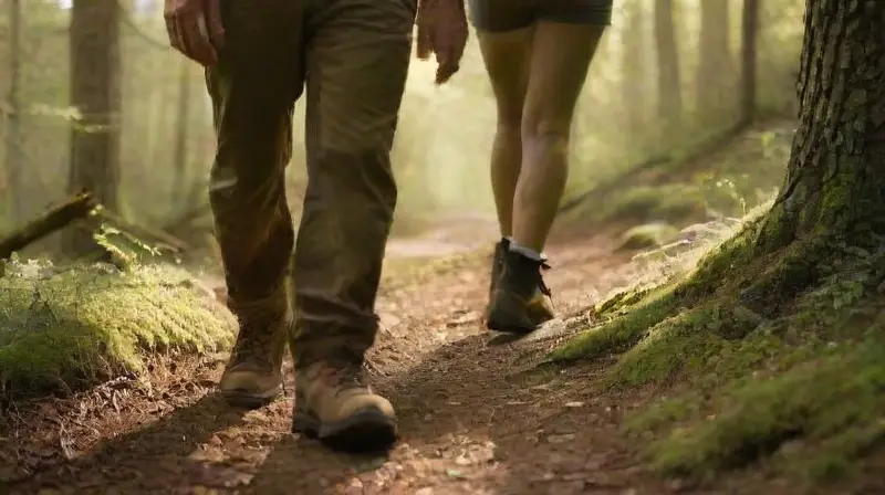 Pareja camina unida por sendero forestal