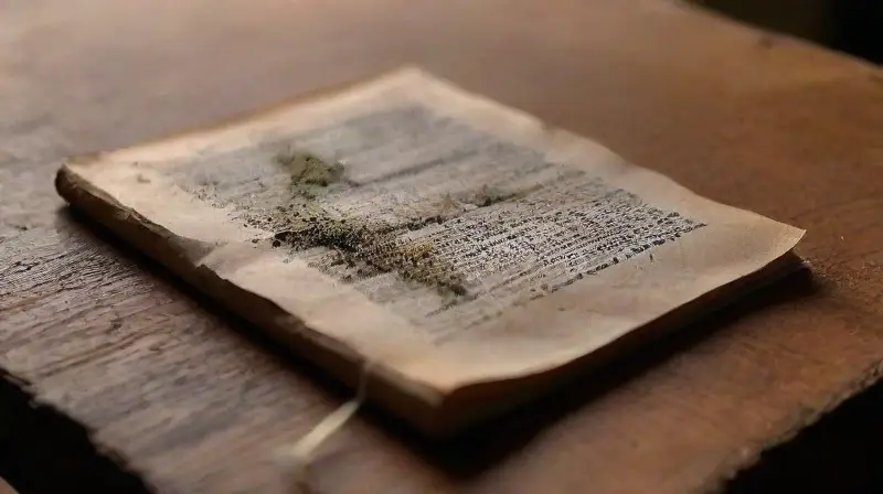 Un pergamino ensangrentado yace sobre madera