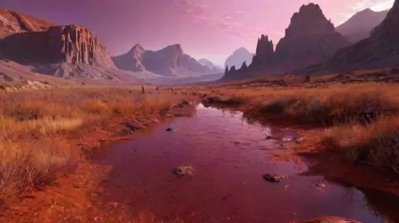 Paisaje alienígena terraformado bajo cielo violeta