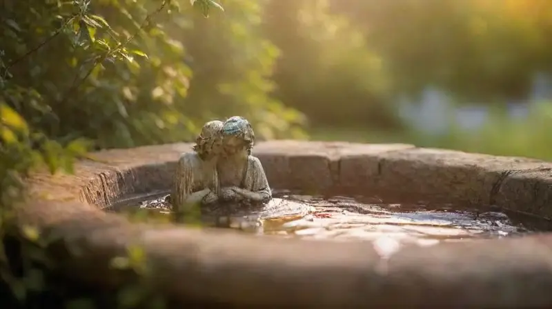 Jardín encantado con amantes y naturaleza vibrante