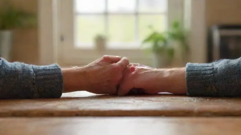 Pareja dialoga tensa en cocina modesta