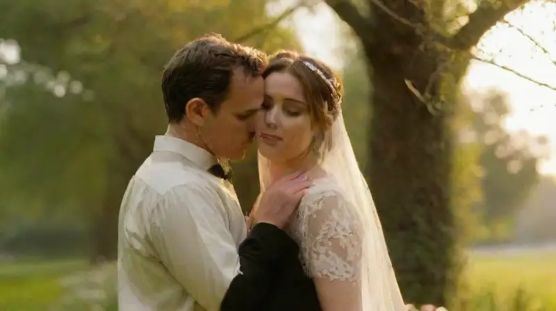 Una pareja de novios irradia amor al atardecer