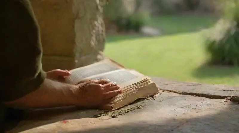 Un monasterio soleado con un monje contemplativo