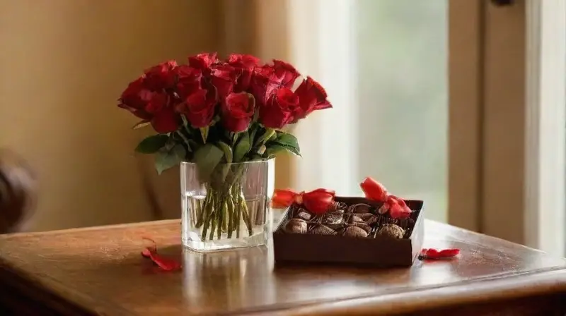Habitación soleada con rosas y chocolates